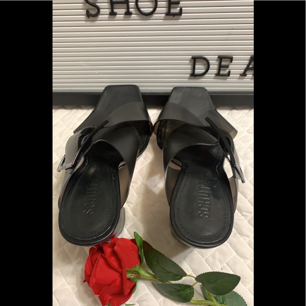 NWT Schutz Madaleni Black Buckled Mule Sandal in Fume Matt - Picture 4 of 9